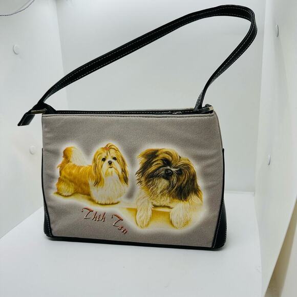 Shih Tzu Cream Shoulder Strap Purse Bejeweled Two Light Brown Dogs Zip Up Bag - Picture 2 of 13